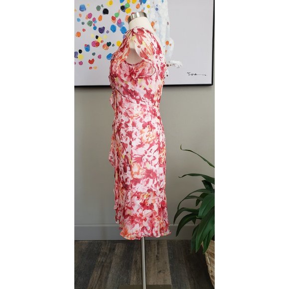 Carmen Marc Valvo Pink Floral Silk Ruffle Dress Size 4 - Picture 4 of 13